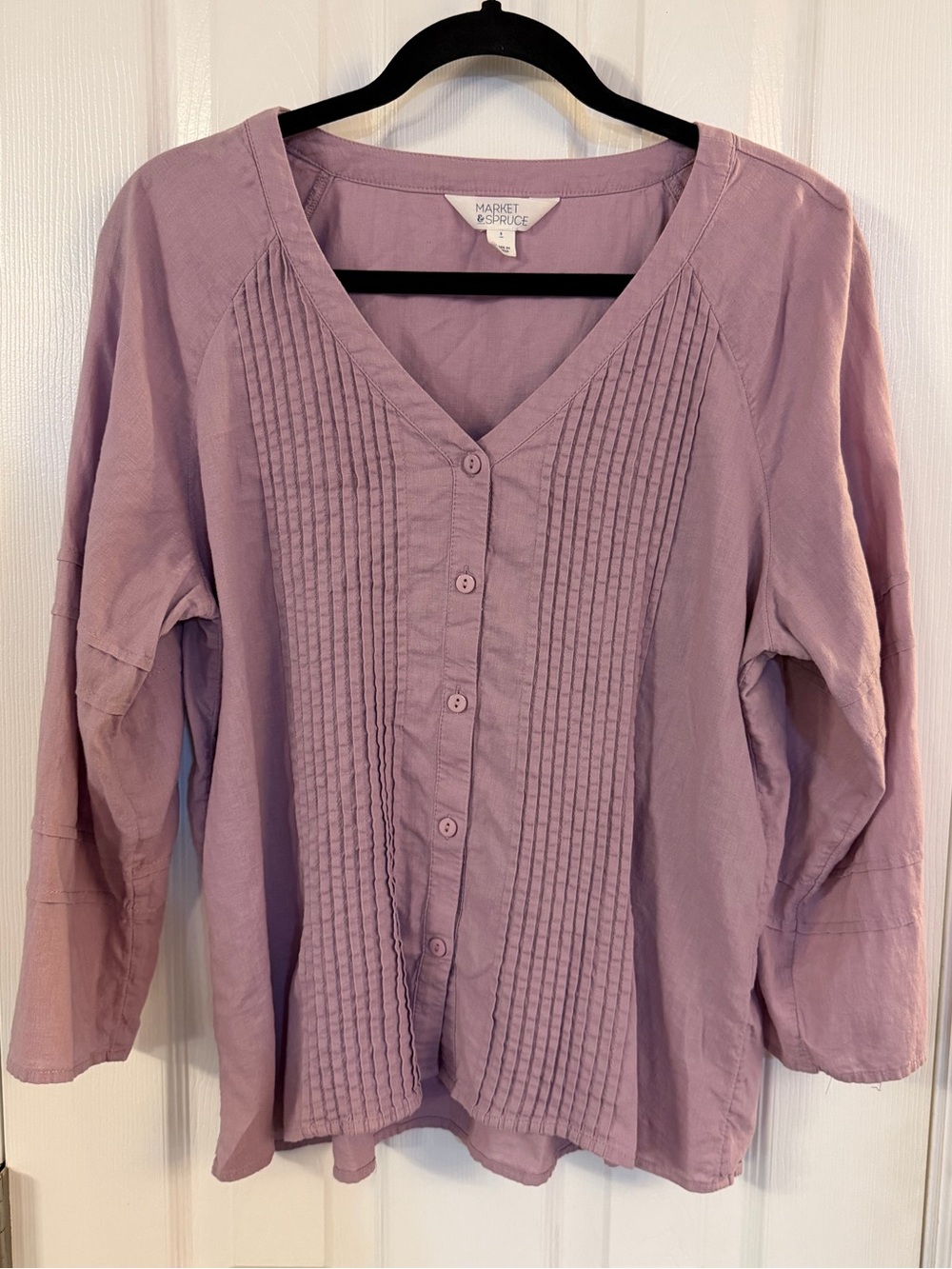 Market & Spruce Linen Blend Pintuck Button Blouse Mauve Size S